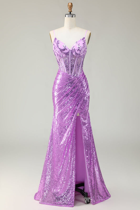 Robe de bal bustier fendue violette sirène scintillante appliquée