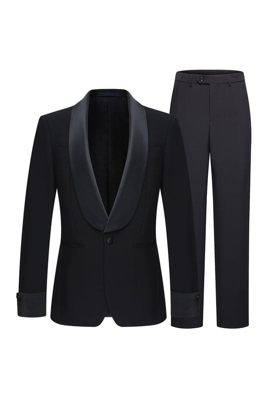 Costume Homme Slim Fit Noir 2 Pièces à Col Châle et Un Bouton