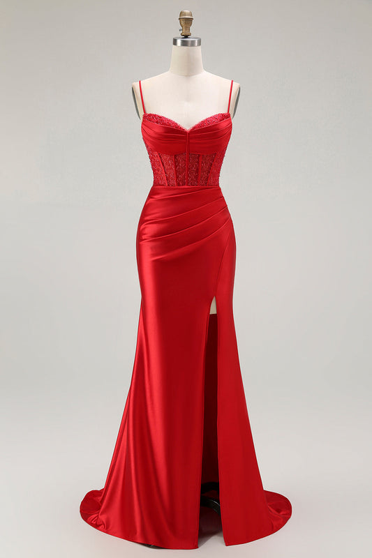 Robe de bal longue plissée sirène rouge à fines bretelles avec corset et fente