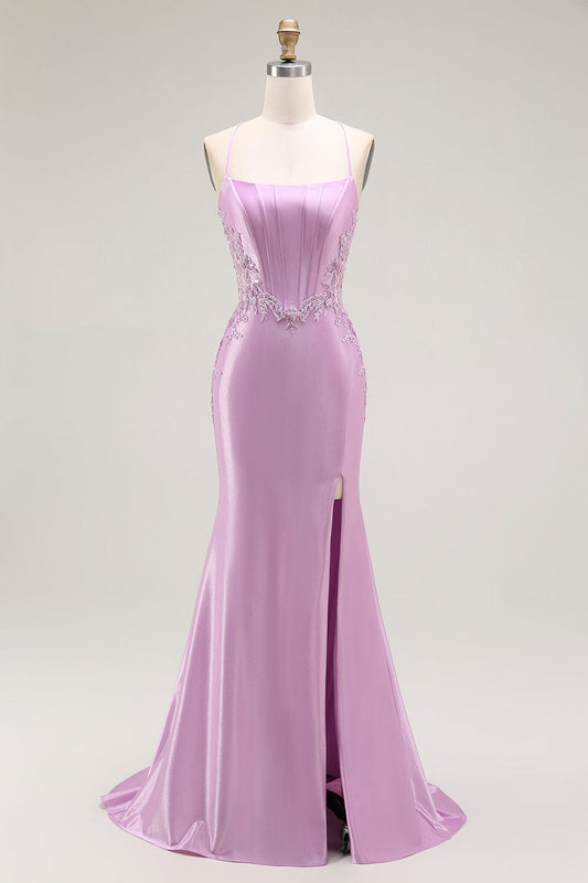 Robe de bal longue corset sirène violette à bretelles spaghetti et fente