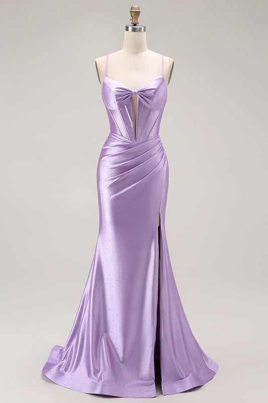 Robe de bal longue sirène violette à bretelles spaghetti, corset et perles avec fente