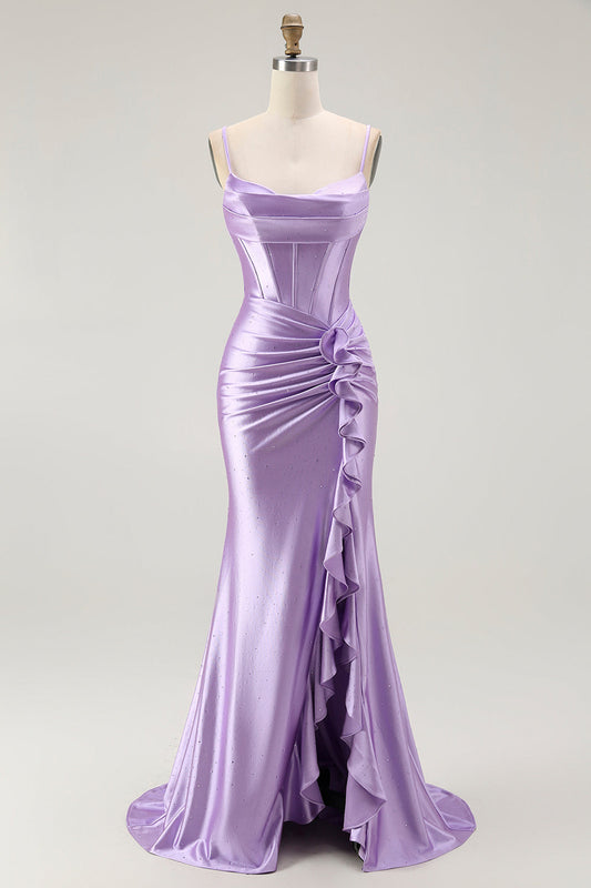 Robe de bal longue ruchée sirène corset violette avec fente à volants