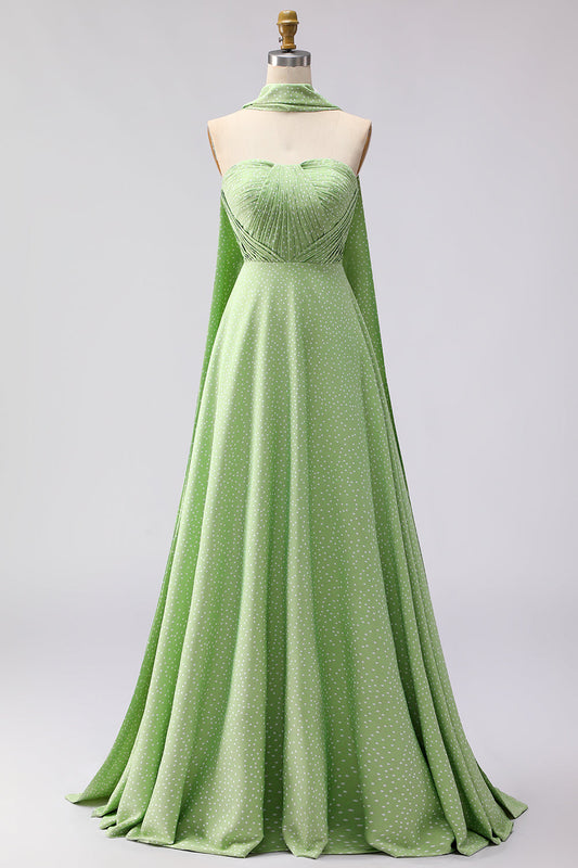 Robe longue bustier plissée transformable de demoiselle d'honneur avec imprimé à pois vert et blanc