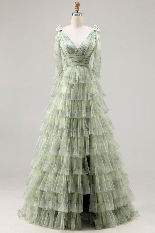 Robe de bal longue verte à volants étagés, coupe trapèze et fente, à motif floral