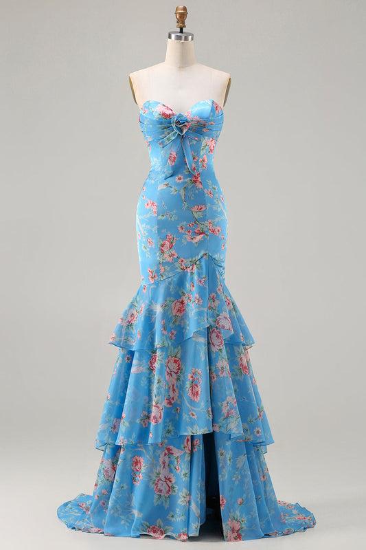 Robe de soirée longue à volants style sirène bleu fleuri, bustier en cœur, avec fente