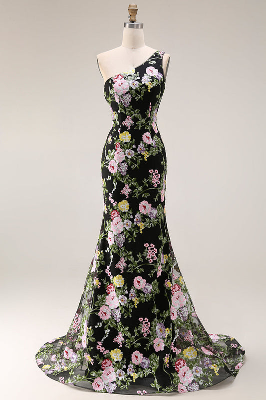 Black One-Shoulder Floral Mermaid Long Prom Dress with Train