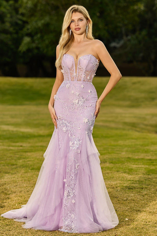 Robe de bal longue bustier sirène violette en dentelle avec corset et fleurs 3D