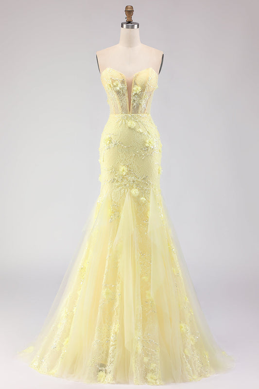 Robe de bal longue sirène corset en dentelle jaune bustier avec perles
