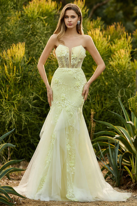 Robe de bal longue sirène jaune sans bretelles avec corset et dentelle, ornée de fleurs en 3D