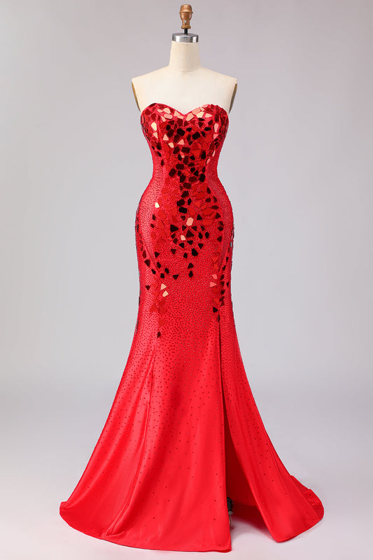 Red Strapless Mermaid Beaded Side Slit Long Prom Dress with Mirror