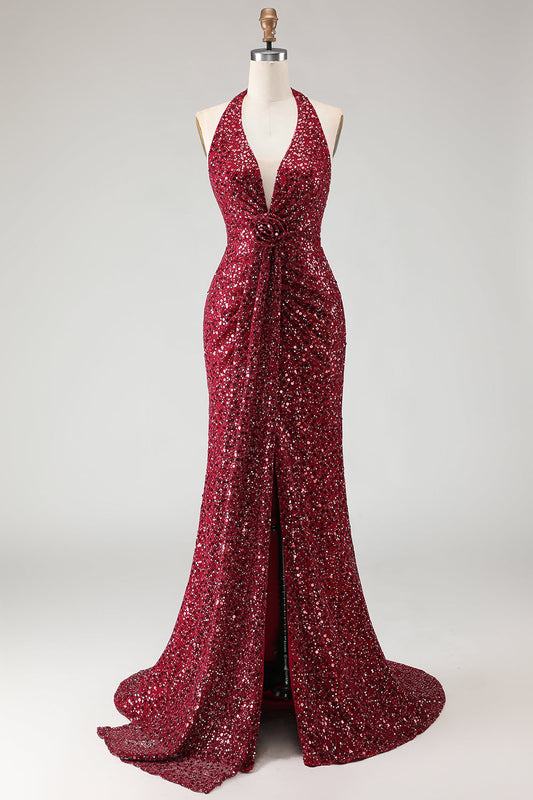 Robe de bal longue sirène à paillettes couleur bordeaux chatoyant avec fente et dos nu