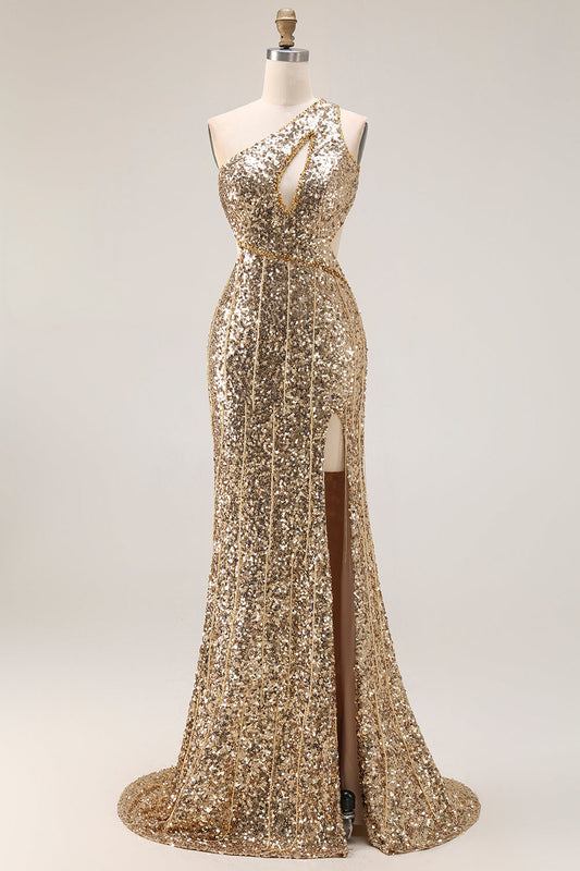 Sparkly One-Shoulder Cutout Mermaid Gold Sequin Long Prom Dress with Slit
