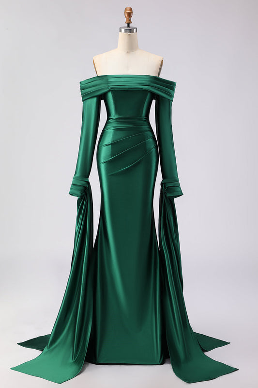 Robe de bal longue en satin vert foncé de sirène à épaules dénudées avec manches longues