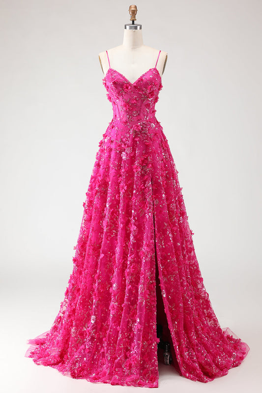 Robe de bal longue fuchsia à ligne A, sequins, corset transparent, fleurs 3D et fente