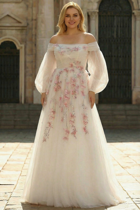 Robe longue grande taille trapèze en tulle brodé à épaules dénudées avec sequins