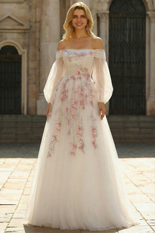 Robe de bal longue en tulle brodé A-line blanche, épaules dénudées, avec paillettes