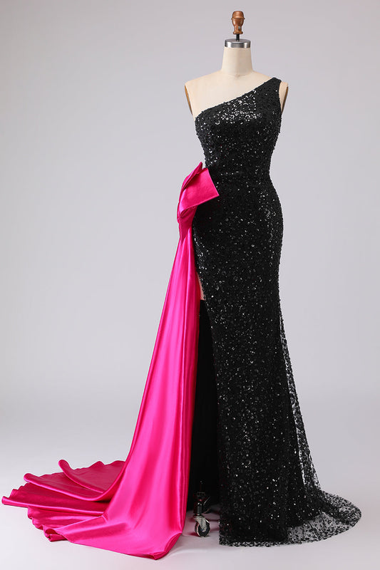 Robe de bal longue sirène noire à sequins scintillante à une épaule avec nœud