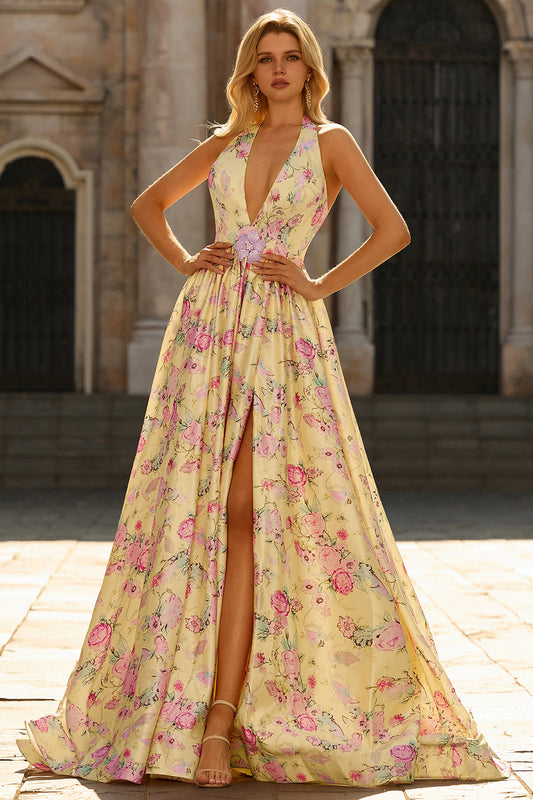 Robe de bal longue fendue à fleurs jaunes et roses, décolleté en V profond et dos nu, coupe trapèze