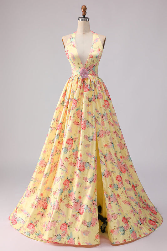 Robe longue de bal jaune rose à décolleté plongeant en V, ligne A, dos ouvert et fente