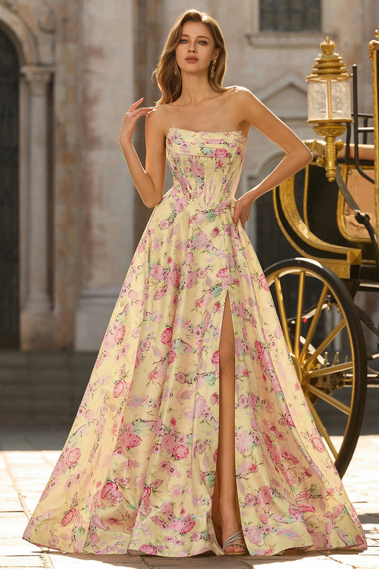 Robe de bal longue sans bretelles ligne A avec fleurs jaunes et roses, corset et dos nu, avec fente