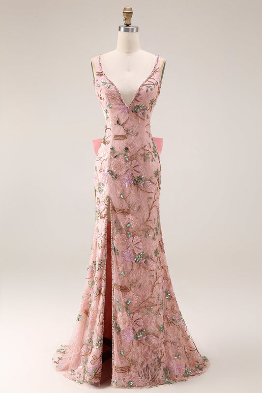 Fitted Beaded Open Back Sequins Long Floral Prom Dress with Detachable Bow