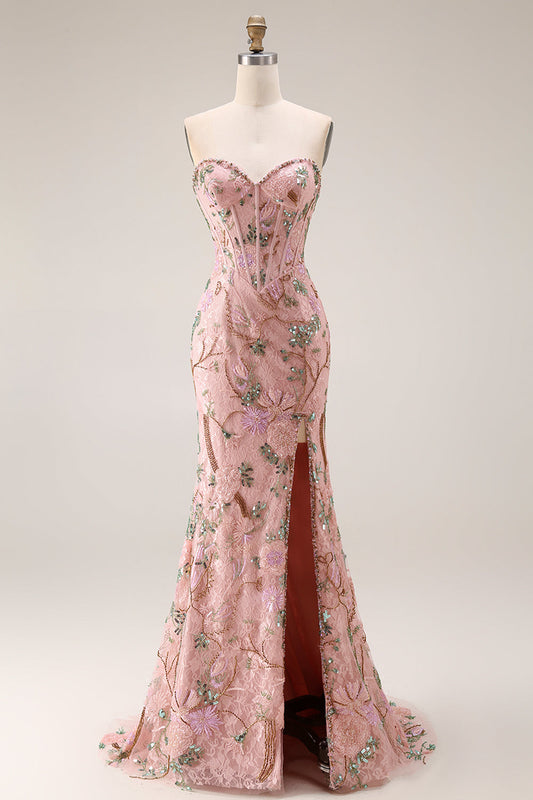 Strapless Floral Beaded Corset Bodice Fitted Long Prom Dress with Skirt Slit