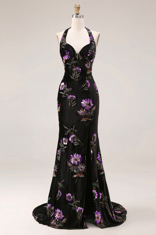 Robe de bal longue sirène en velours noir à broderies de paillettes, licou et fente