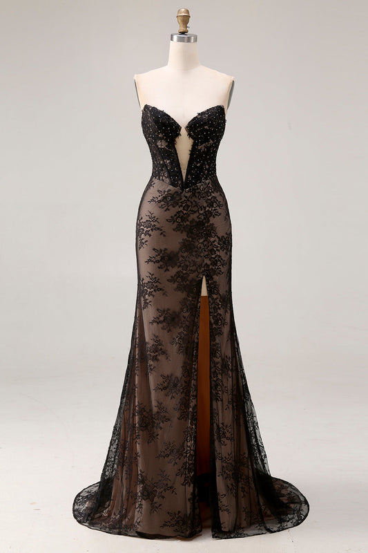 Strapless Mermaid Beaded Rose Black Lace Long Prom Dress with Slit