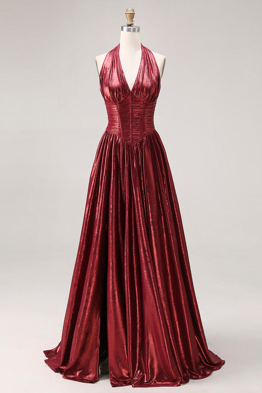 Robe de bal longue bordeaux métallisée coupe trapèze avec corset, col licou et fente