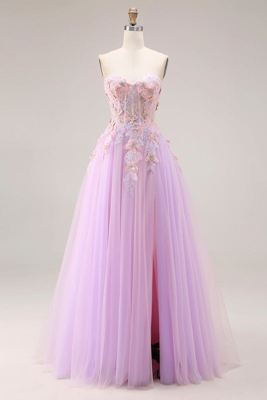 Robe de bal longue en tulle lilas à motif appliqué avec fente, coupe trapèze et décolleté en cœur