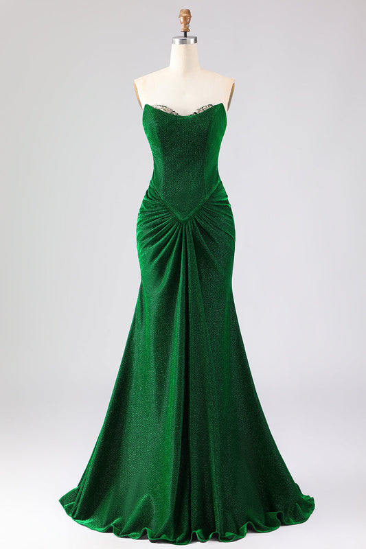 Robe de bal longue sirène sans bretelles vert foncé scintillante avec dos lacé