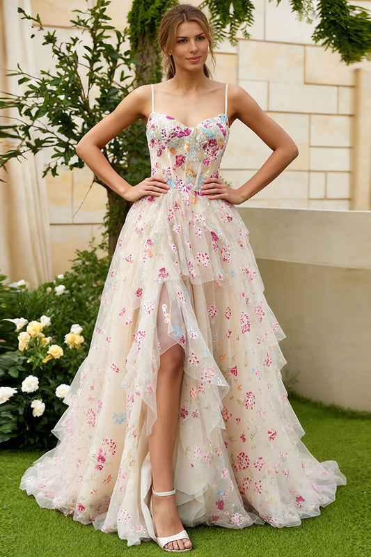 Robe de bal longue en forme de cœur, ligne A, corset, à volants, avec fente, couleur ivoire
