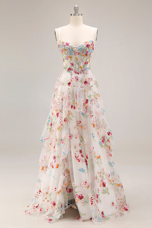 Ivory A-Line Sheer Boned Corset Embroidered Long Floral Dress with Ruffled Slit