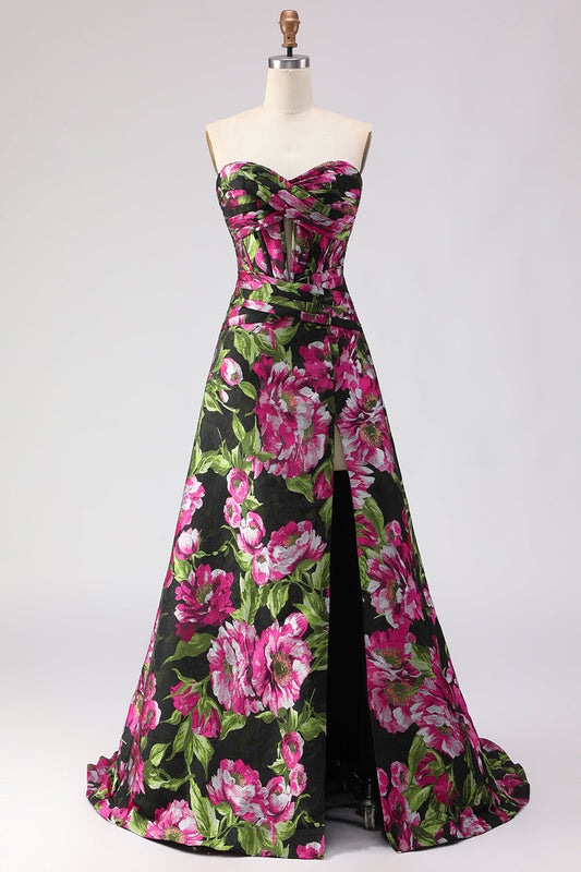 Black Floral A-Line Strapless Corset Jacquard Long Prom Dress with Slit