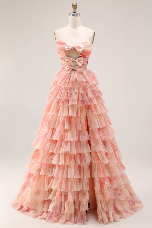 Robe de soirée longue trapèze avec fente, motif floral ajouré et superposition à nœuds, couleur coucher de soleil