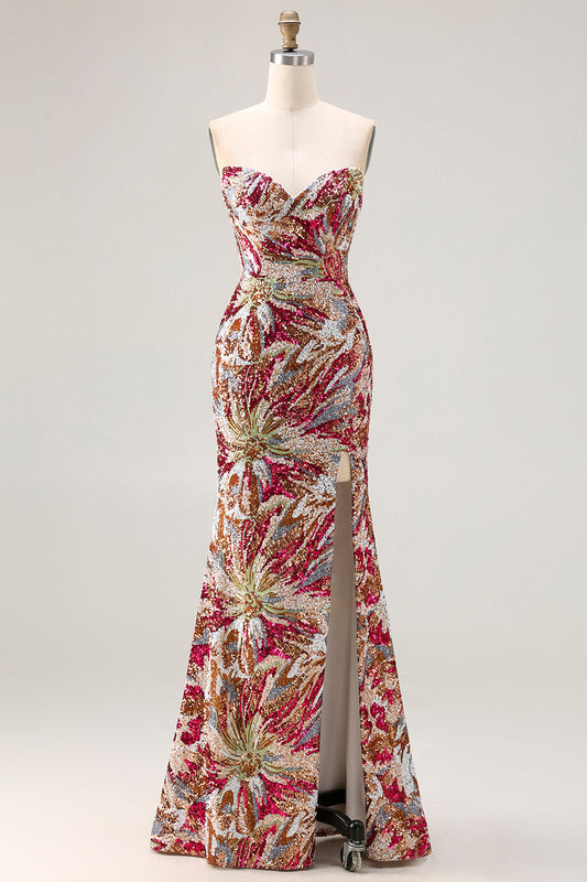 Robe de Bal Longue Sirène Scintillante Fuchsia Cœur Paillettes Florales avec Fente