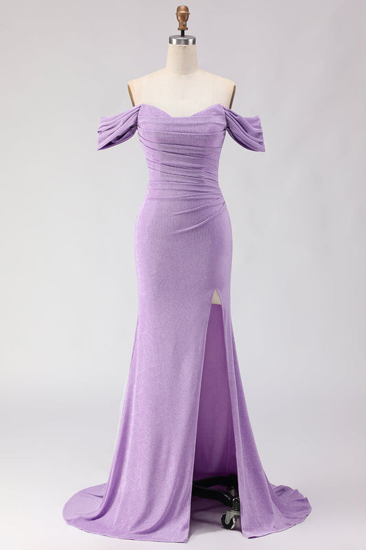Off The Shoulder Ruched Mermaid Beaded Purple Long Prom Dress with Slit