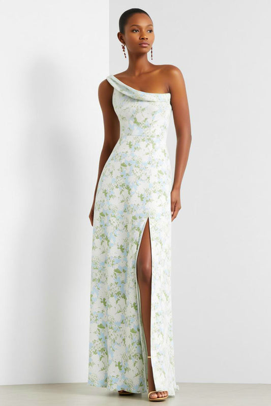 Blue White Flower One Shoulder Print Sheath Long Bridesmaid Dress with Slit