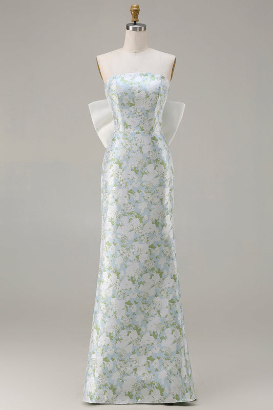 Robe de demoiselle d'honneur longue en satin bleu blanc sans bretelles avec nœud au dos