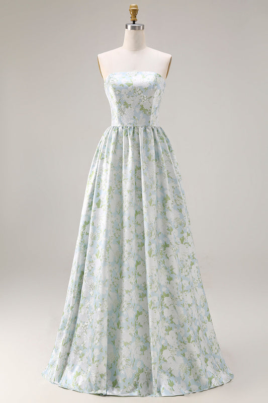 Robe longue en satin ligne A, bustier, imprimé fleuri bleu et blanc avec poches