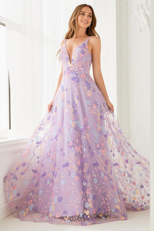 Lilac Floral A-Line Spaghetti Strap Long Prom Dress with Embroidery