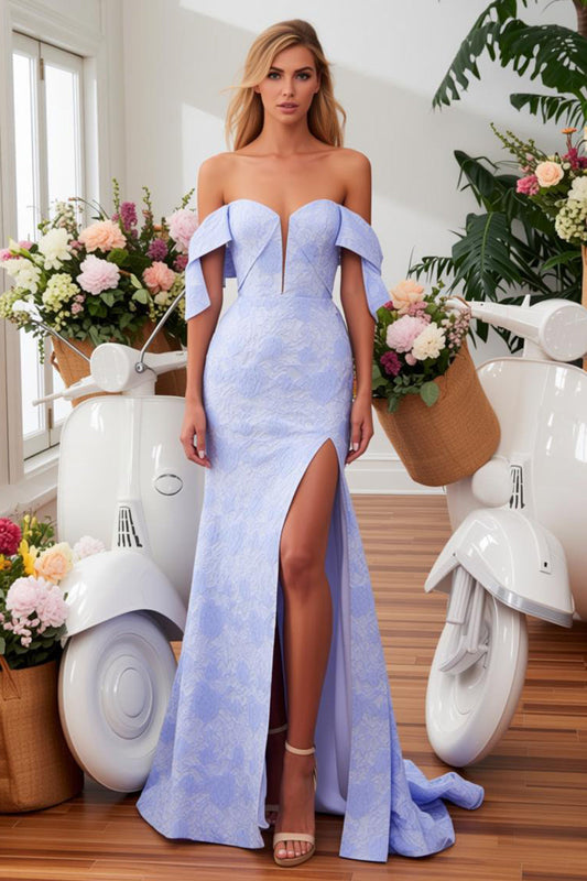 Blue Printed Off-the-Shoulder Mermaid Prom Dress With Slit