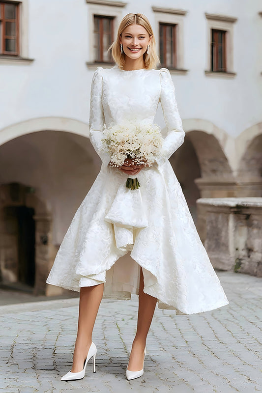 Robe de mariée A-Line jacquard ivoire à col rond, pour mariage civil
