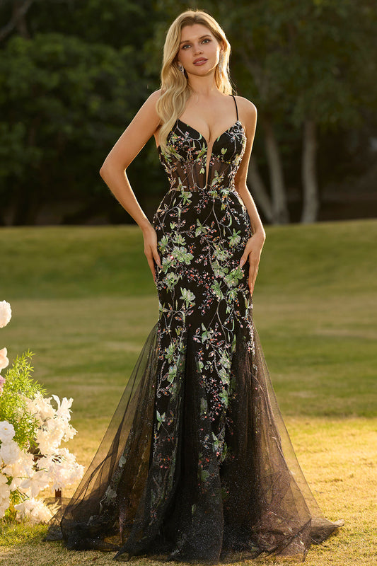 Black Mermaid Corset Sequins Floral Long Prom Dress with Lace Up Back