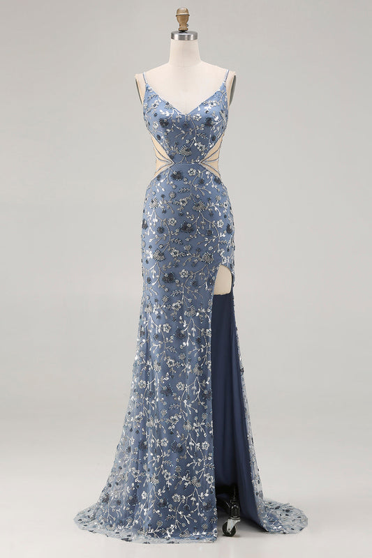 Robe de bal longue sirène bleu poussiéreux à paillettes perlées avec fente