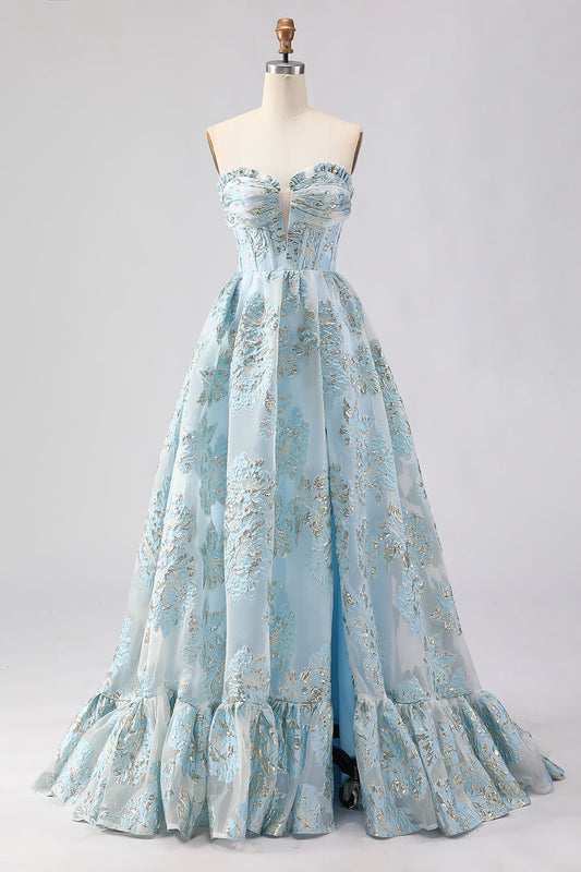 Vestido largo de fiesta jacquard azul claro corsé sin tirantes con abertura