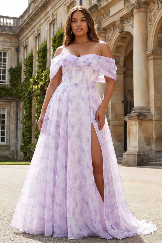 Robe de bal grande taille lilas à épaules dénudées, motif floral, coupe trapèze, corset, longue avec fente
