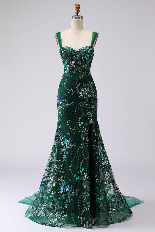 Robe longue de bal vert foncé sirène à sequins avec laçage au dos et fente