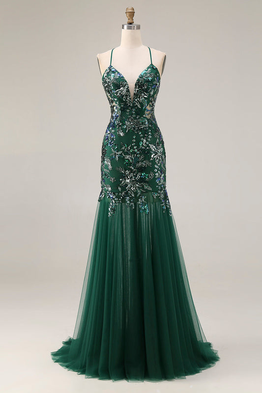 Robe de bal longue fourreau vert foncé scintillant à dos ouvert avec sequins