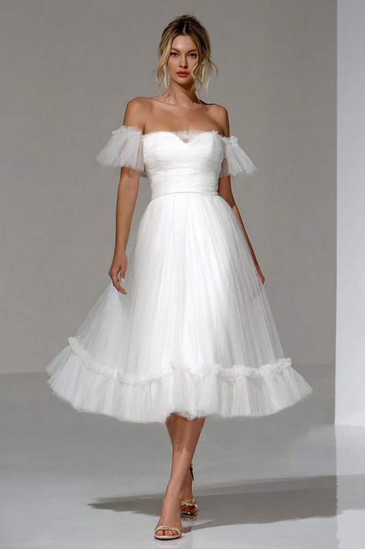 Robe Midi en Tulle Épaule Dénudée Blanc pour Dîner de Répétition